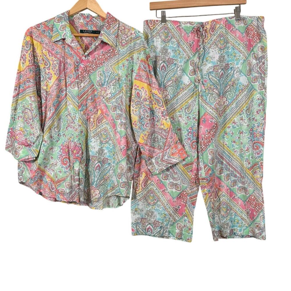 Lauren Ralph Lauren XL Paisley Patchwork Cotton Pajama Lounge Sleepwear Set